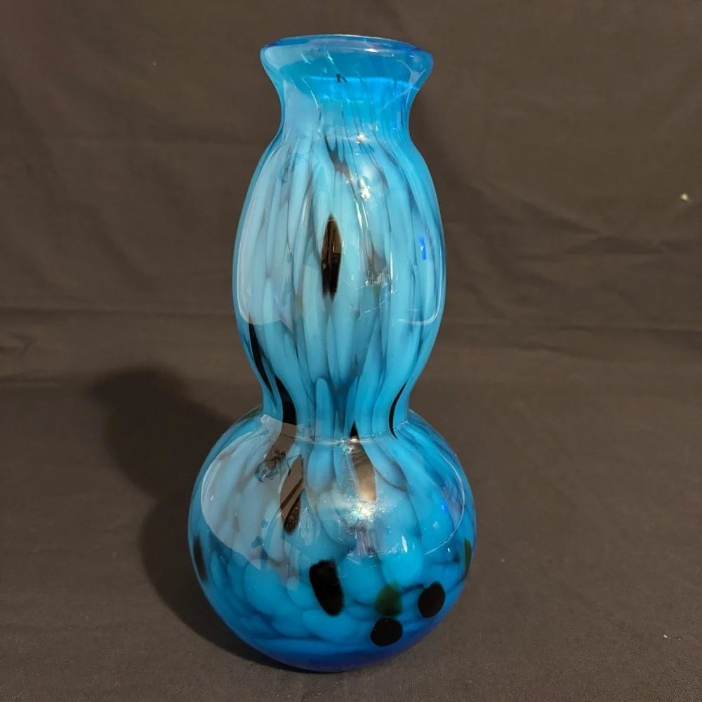 Murano Blue and Black Art Glass Decanter Vase Double Gourd 10.75” Tall Approx.